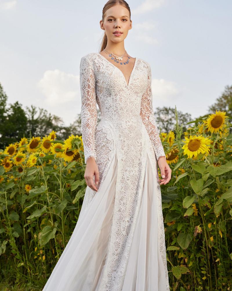 Lp2218 open back boho wedding dress with lace sleeves and v neckline4